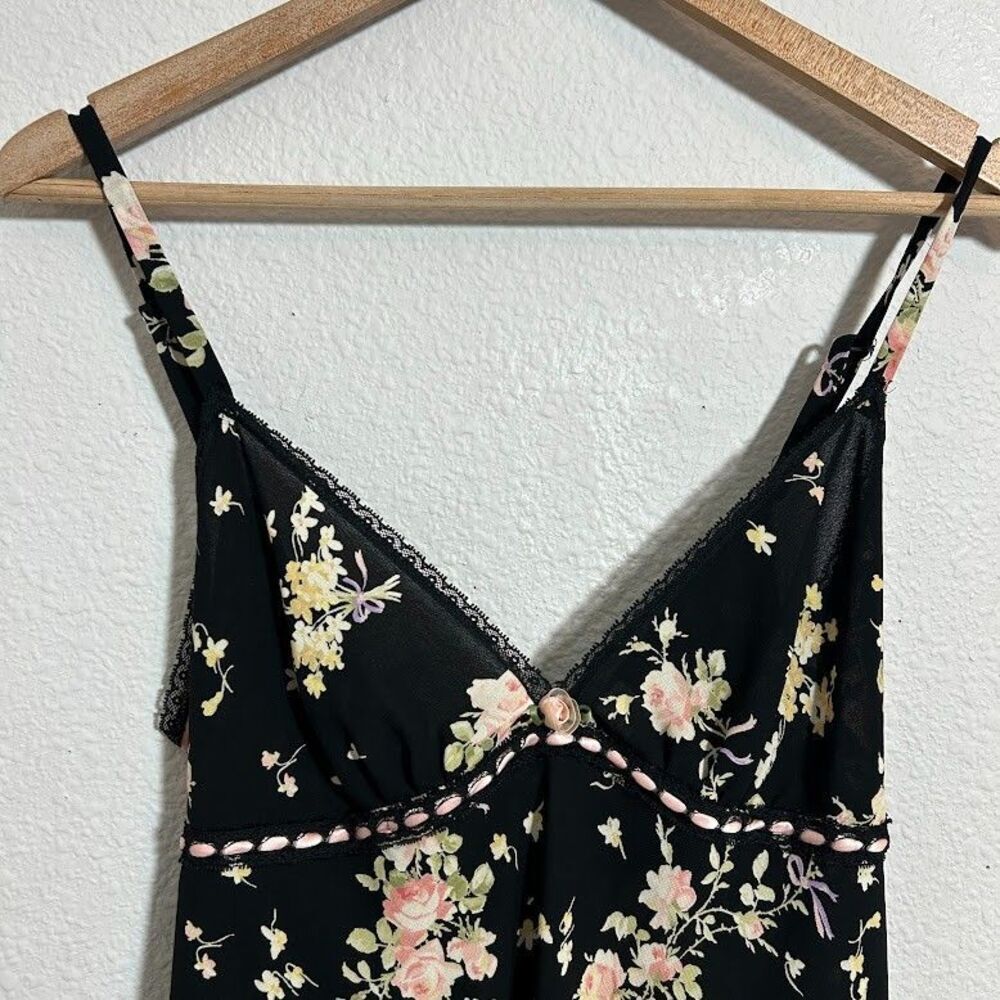 VTG Oscar de la Renta Satin Slip Dress S Black Floral Coquette Pink Label Fairy - Picture 4 of 9